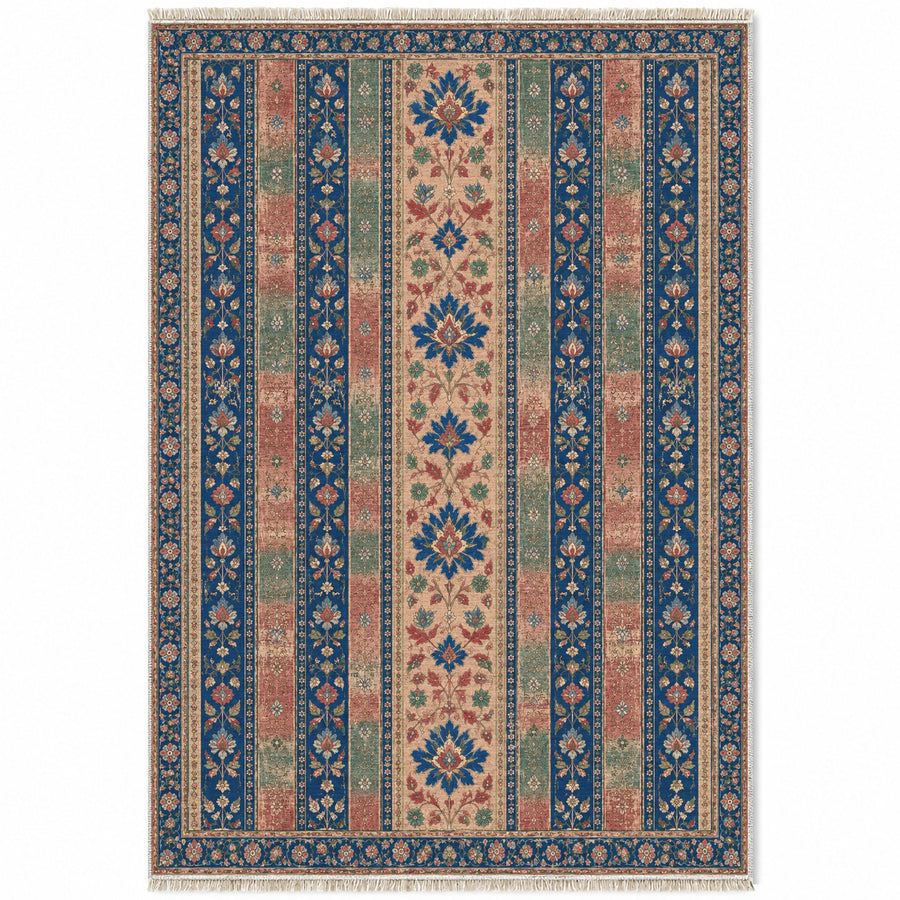 Timeworn Floral Stripe Peach, Cobalt & Jade Distressed Washable Rug