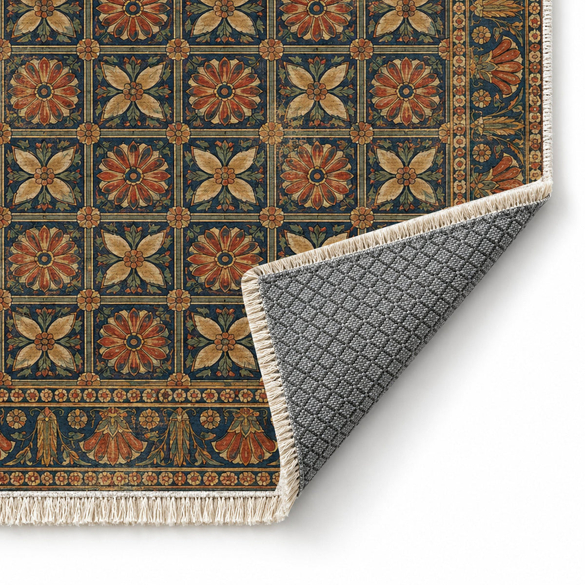 Treasury Grid Indigo & Rust washable rug folded corner showing the backing