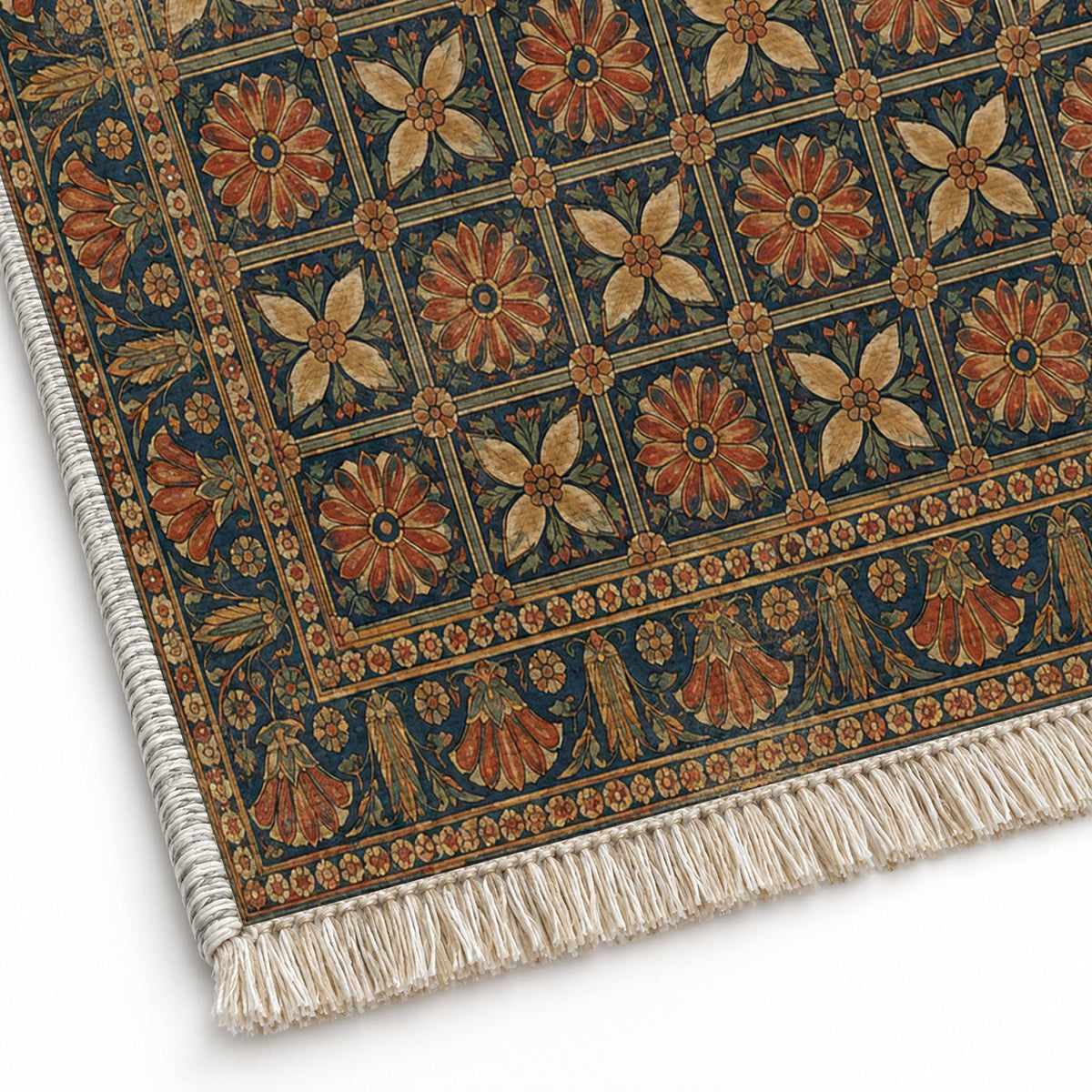 Treasury Grid Indigo & Rust washable rug close-up of the printed chenille