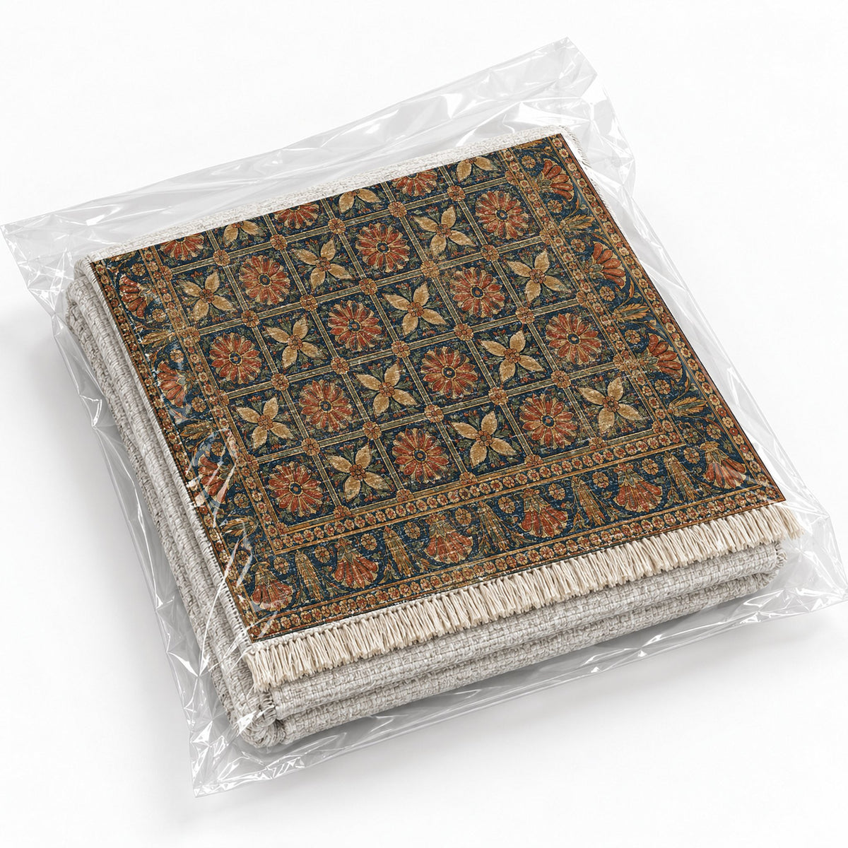 Treasury Grid Indigo & Rust washable rug rolled and packaged