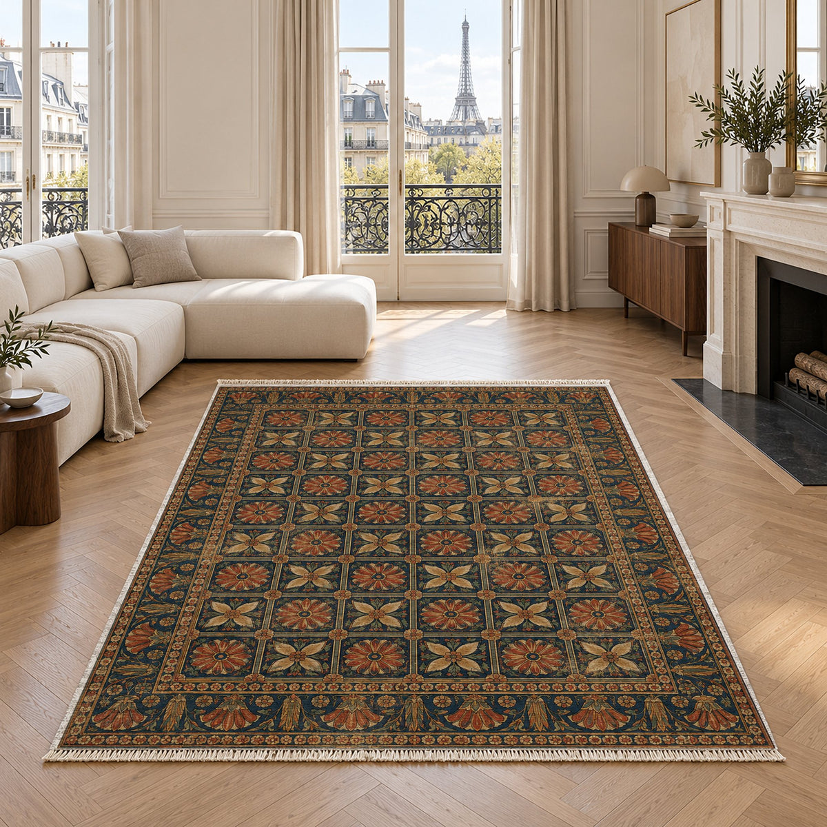 Treasury Grid Indigo & Rust washable rug in a living room with an Eiffel Tower view