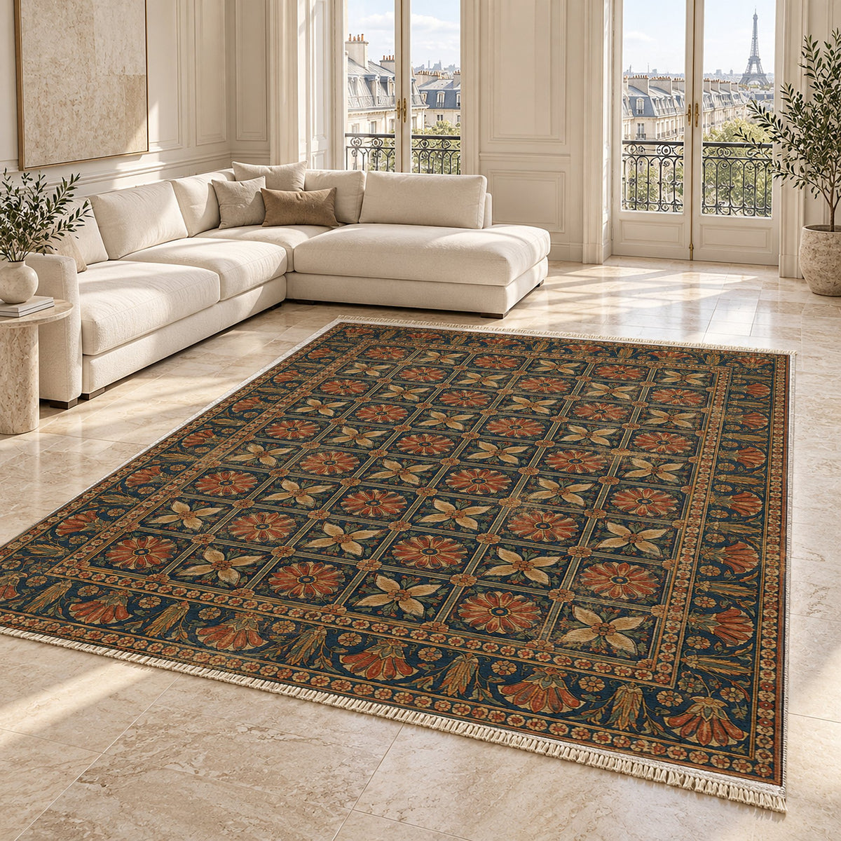 Treasury Grid Indigo & Rust washable rug angled room view on marble