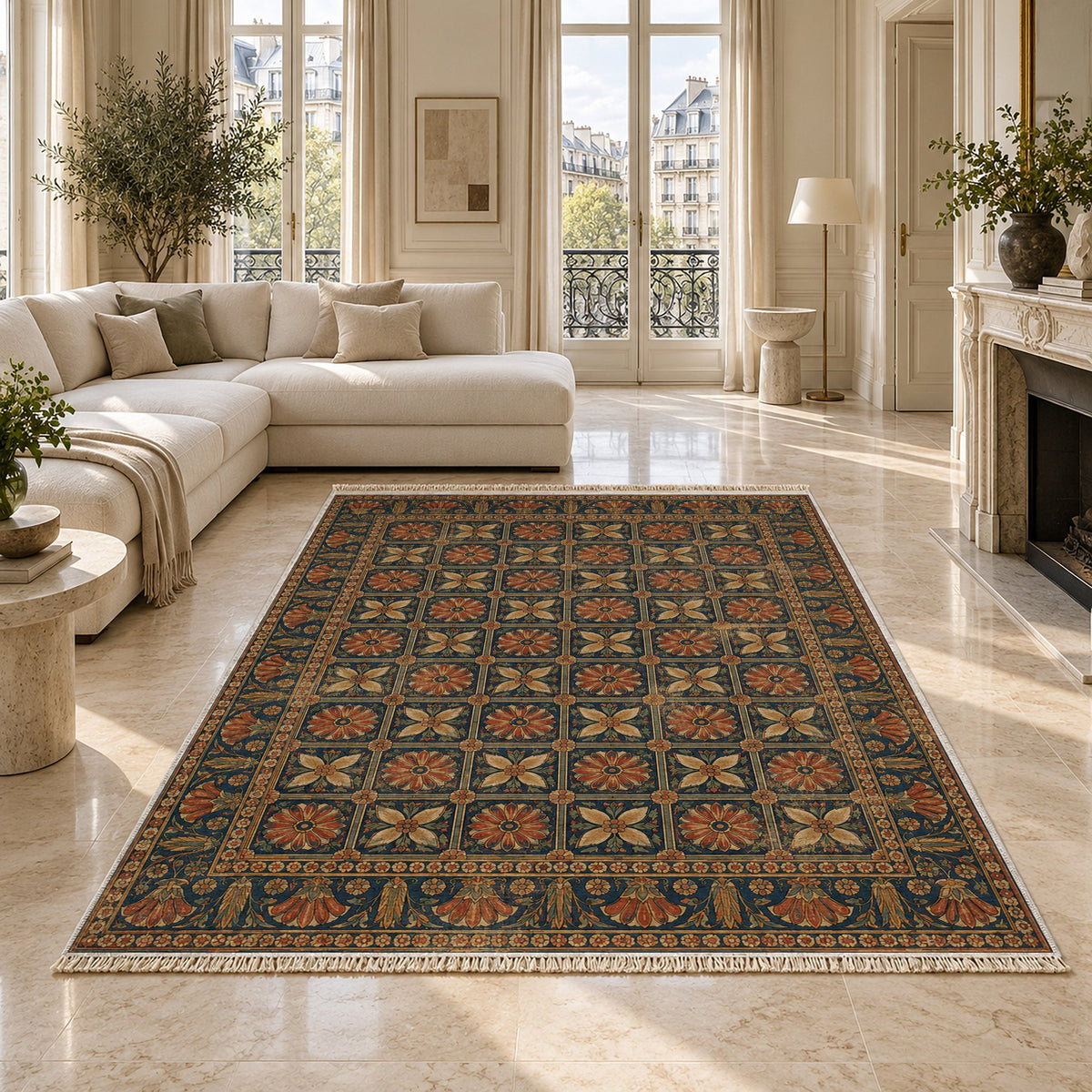 Treasury Grid Indigo & Rust washable rug on a marble floor