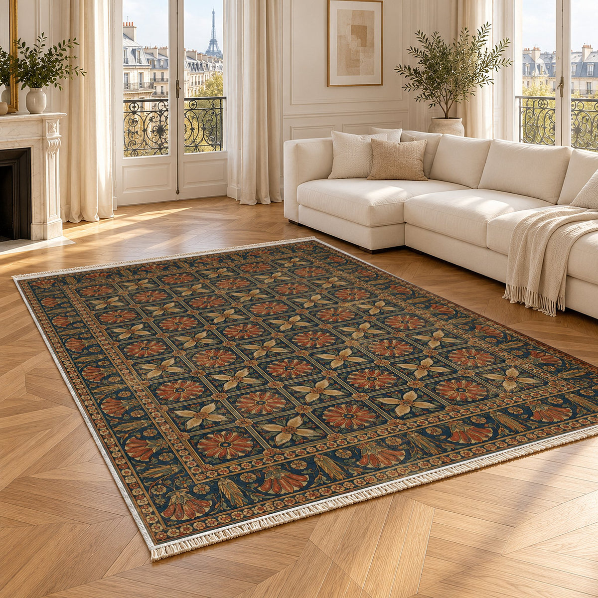 Treasury Grid Indigo & Rust washable rug angled room view