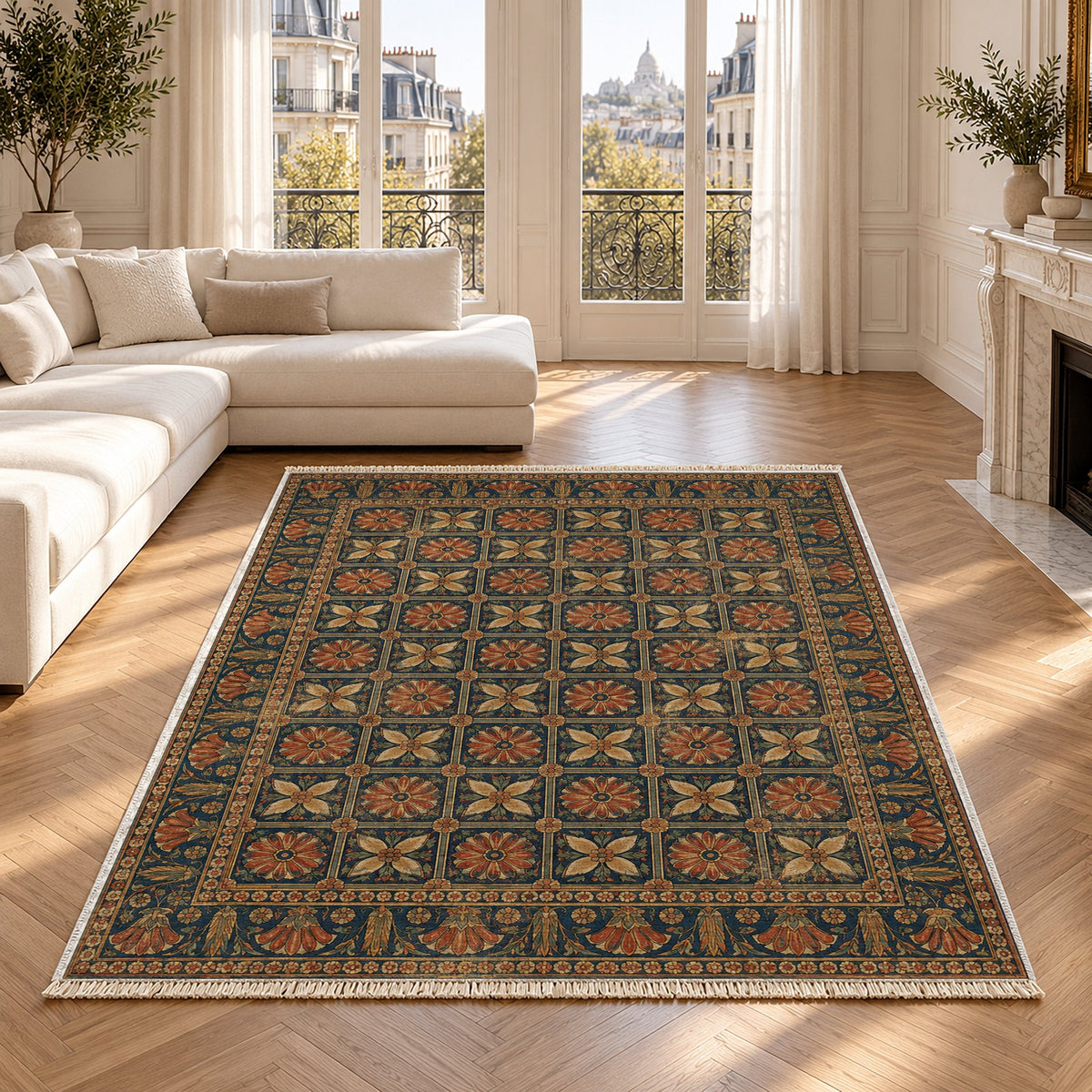 Treasury Grid Indigo & Rust washable rug in a Paris living room