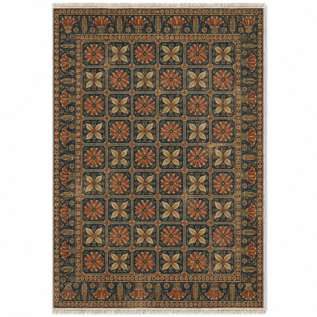 Treasury Grid Indigo & Rust washable rug top view