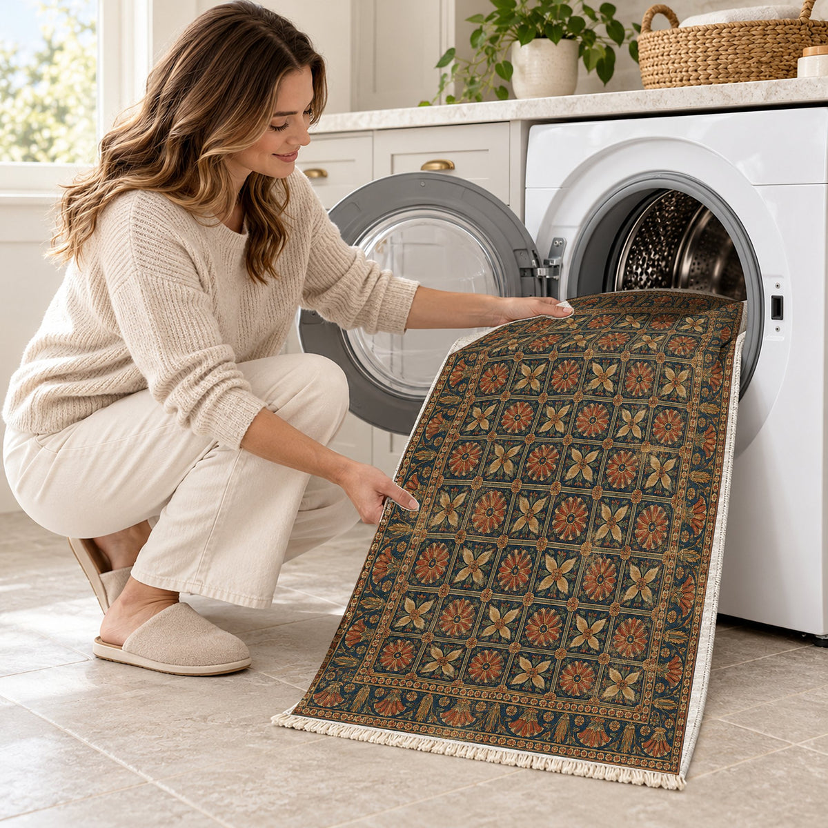 Treasury Grid Indigo & Rust washable rug being loaded into a washing machine