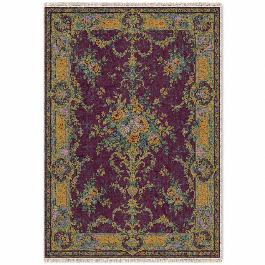 Trianon Roses Burgundy & Teal French Aubusson Washable Rug