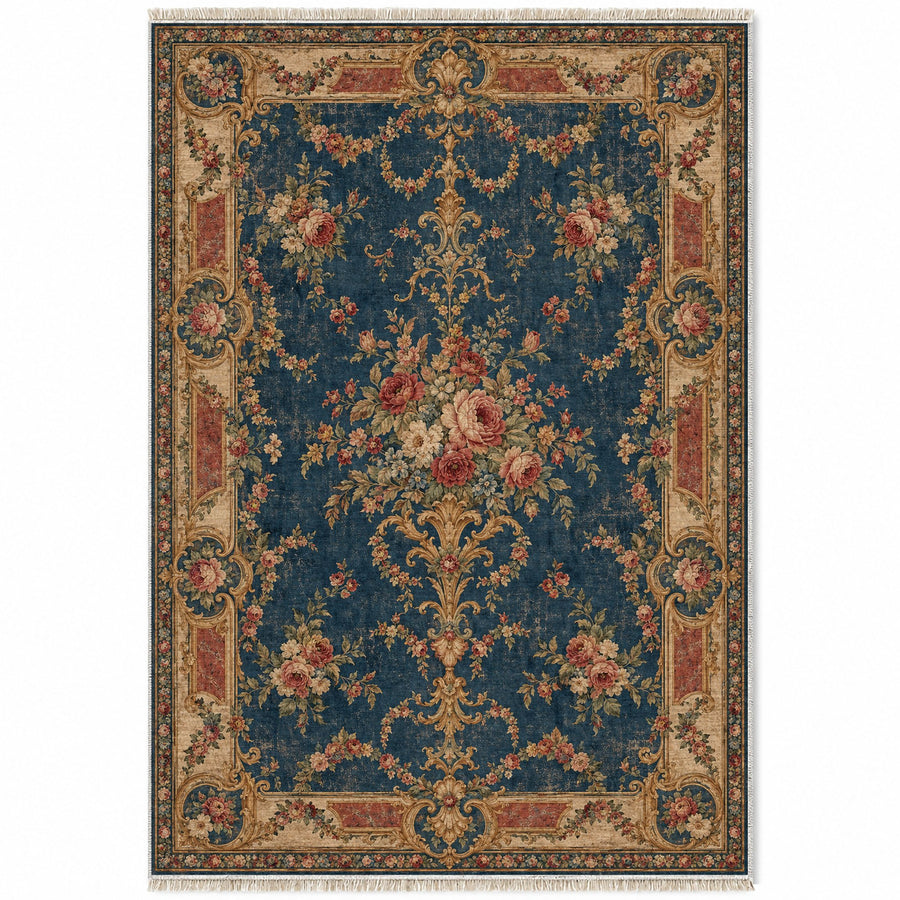 Trianon Roses Indigo & Rust French Aubusson Washable Rug