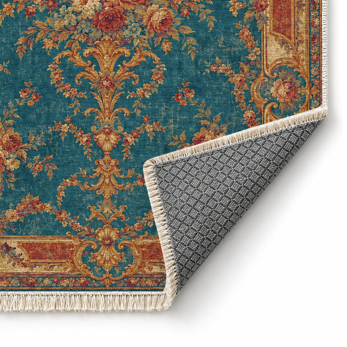 Trianon Roses Peacock & Ochre washable rug folded corner showing the backing