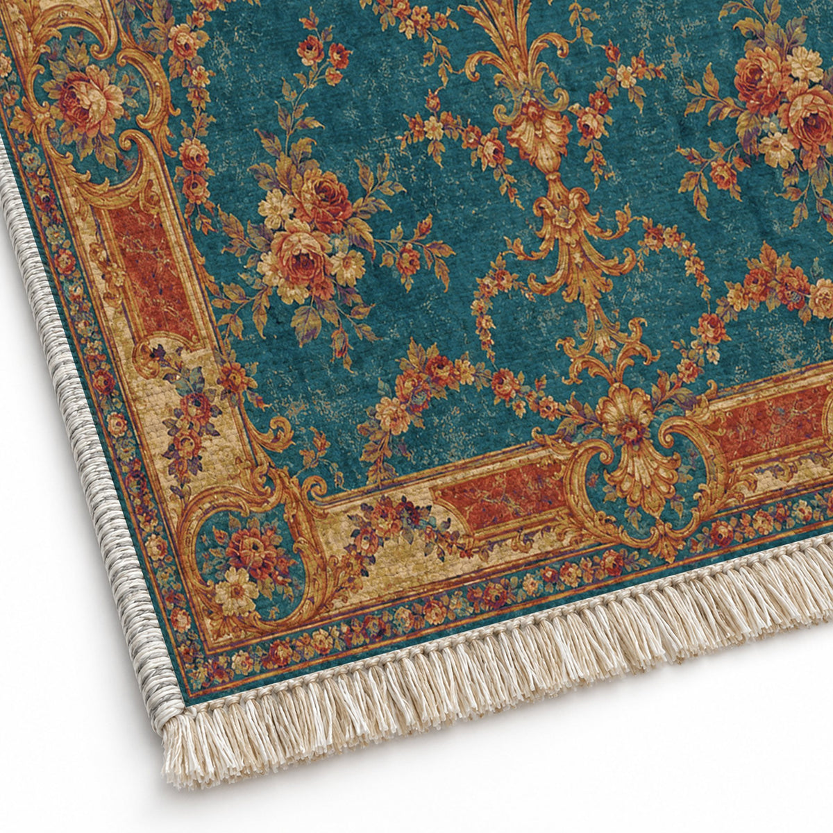 Trianon Roses Peacock & Ochre washable rug close-up of the printed chenille