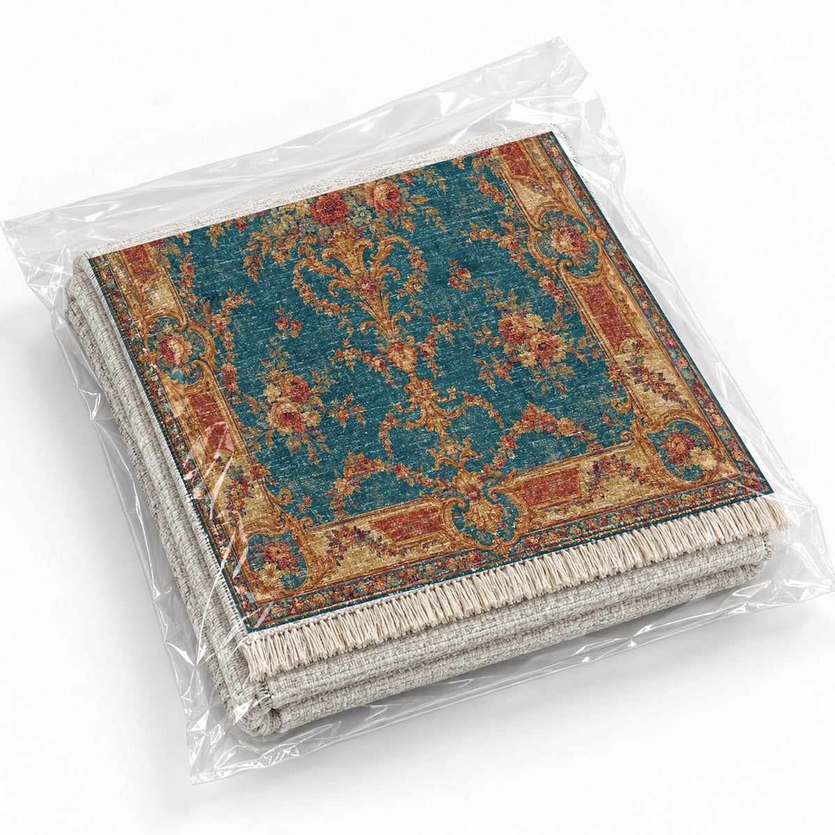 Trianon Roses Peacock & Ochre washable rug rolled and packaged