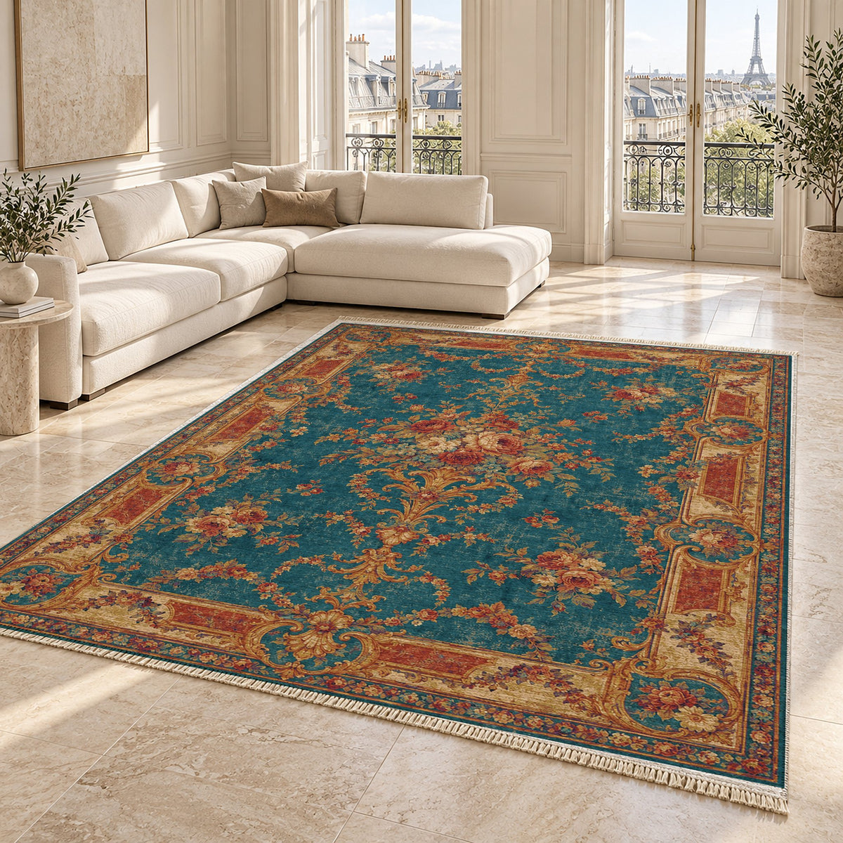 Trianon Roses Peacock & Ochre washable rug angled room view on marble