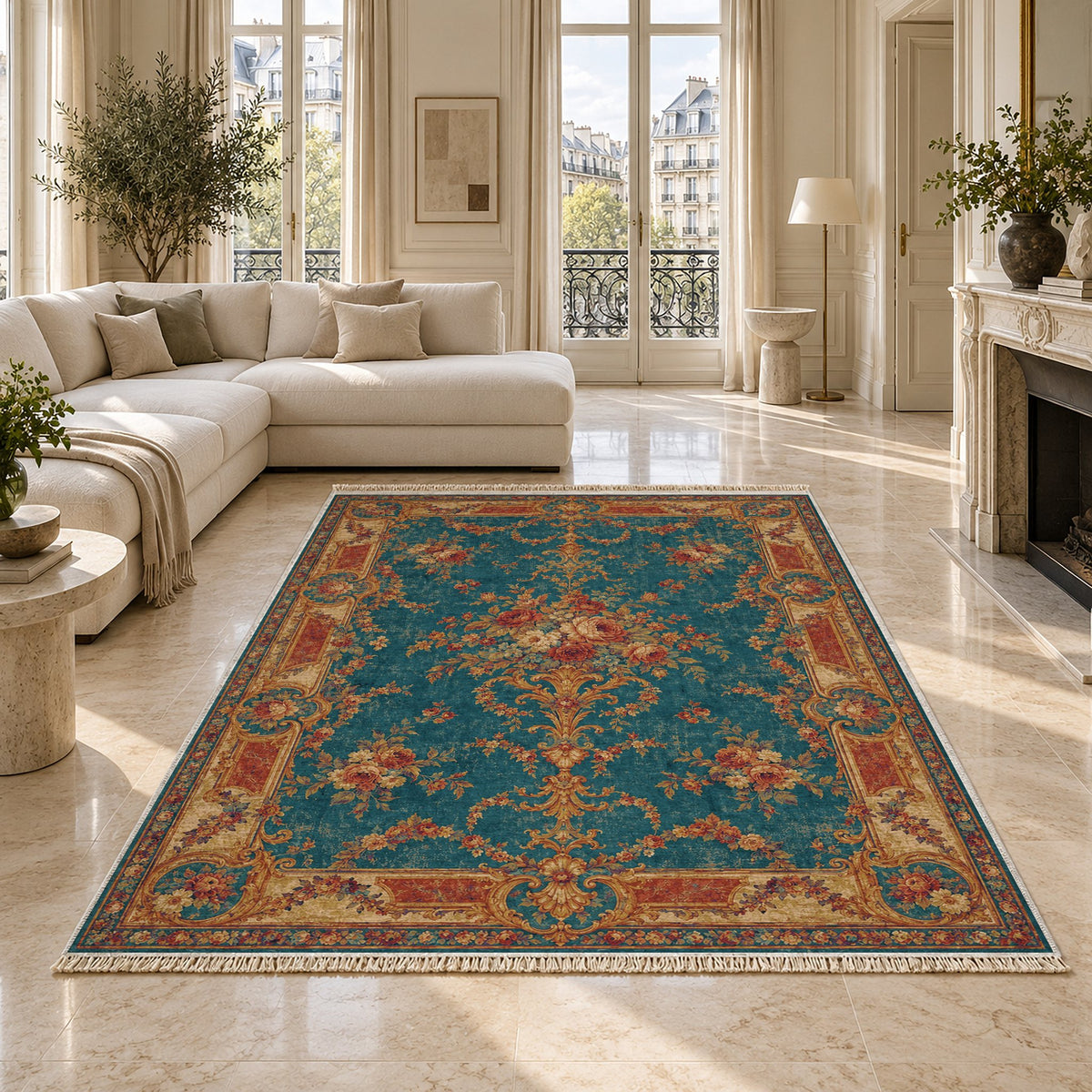 Trianon Roses Peacock & Ochre washable rug on a marble floor