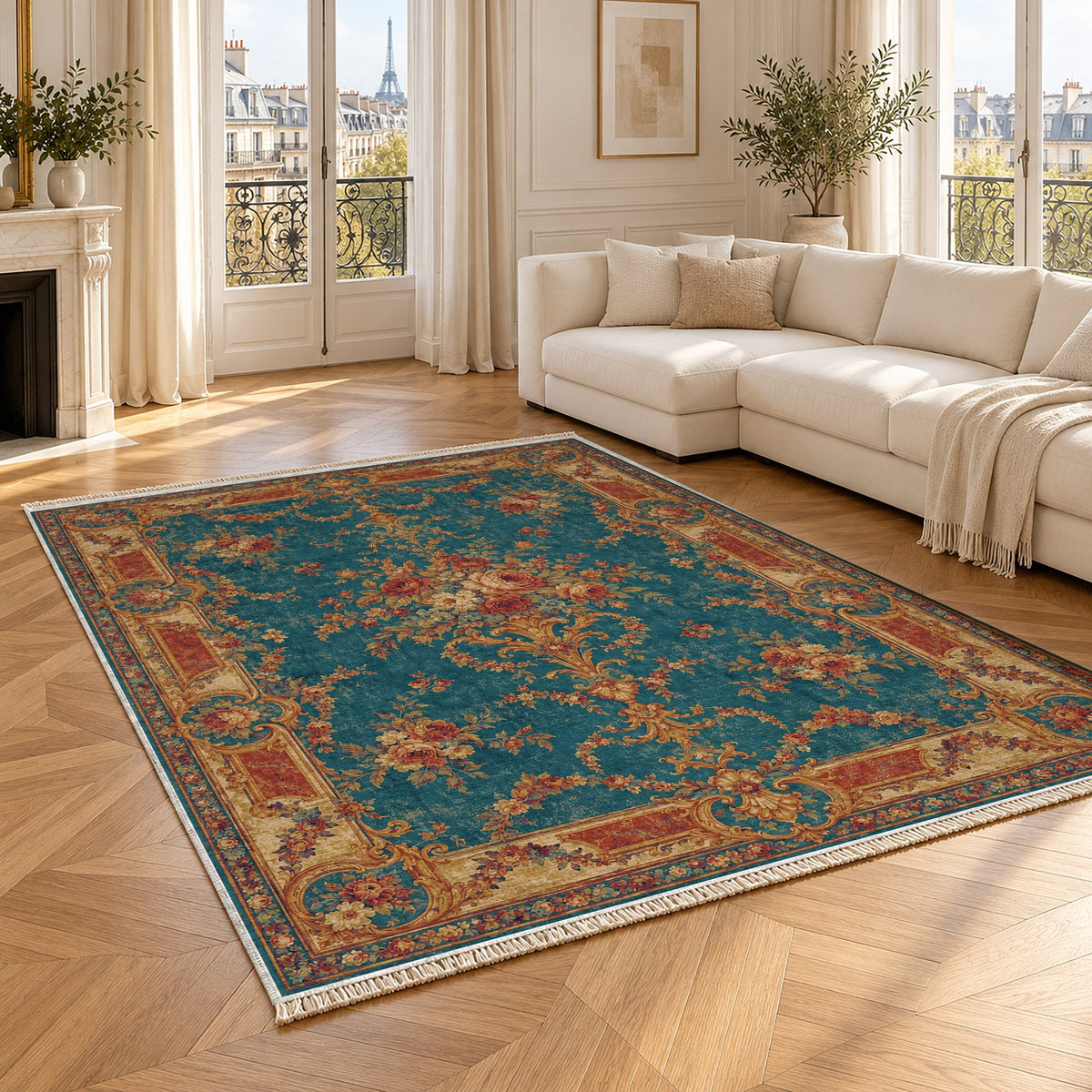 Trianon Roses Peacock & Ochre washable rug angled room view