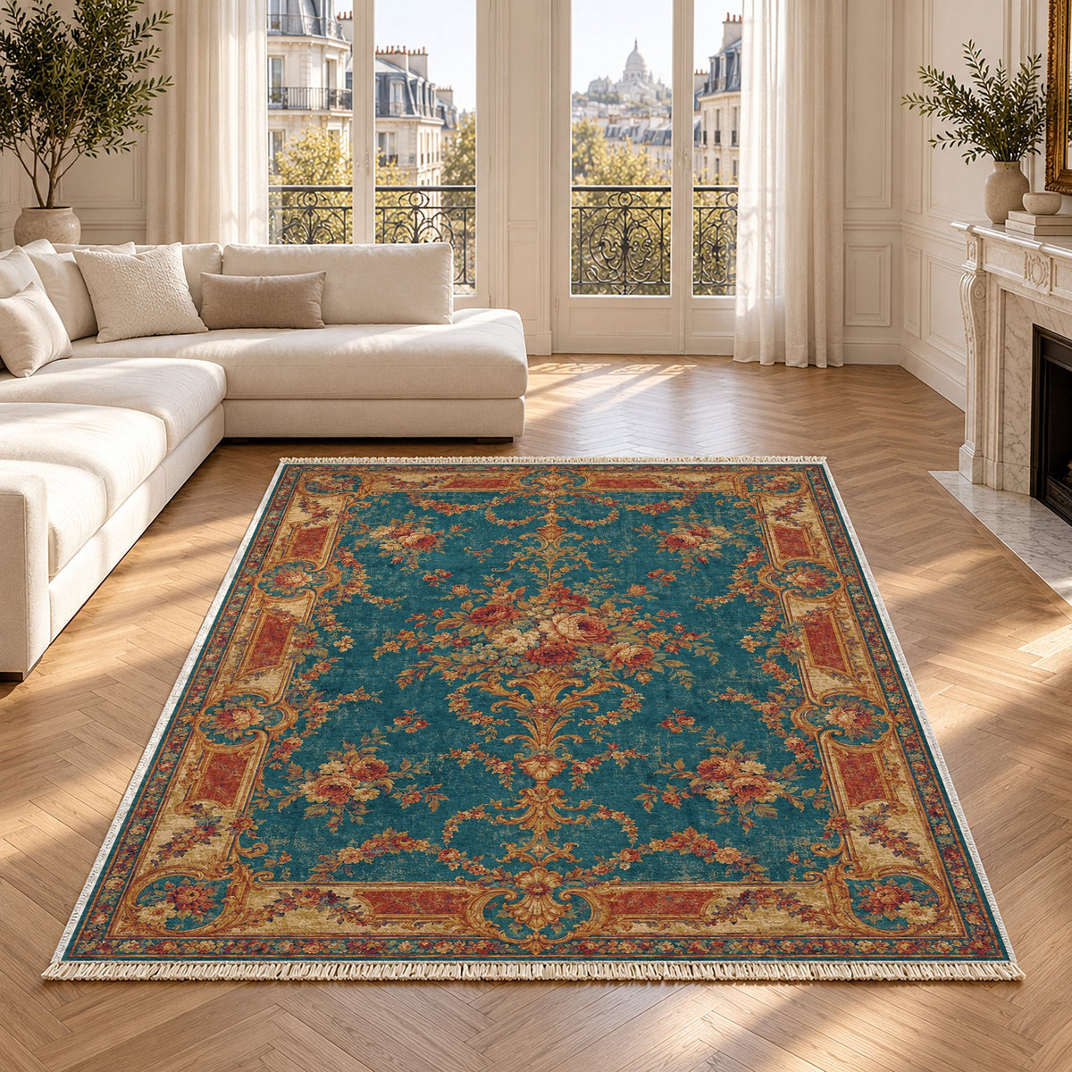 Trianon Roses Peacock & Ochre washable rug in a Paris living room
