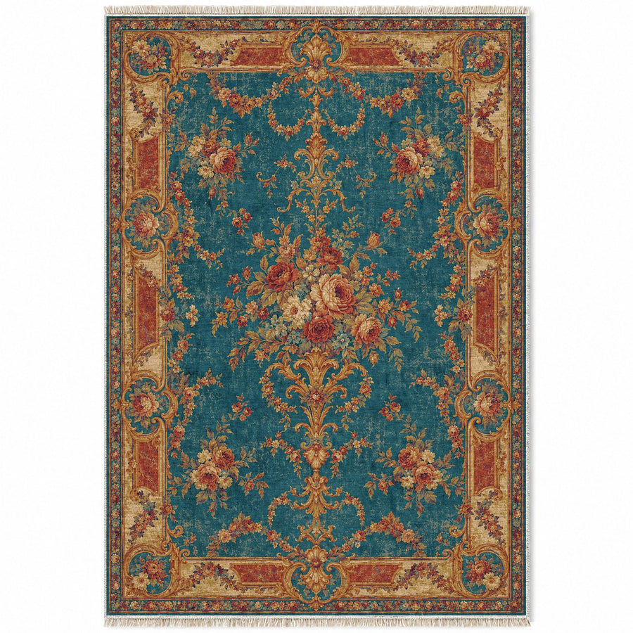 Trianon Roses Peacock & Ochre French Aubusson Washable Rug