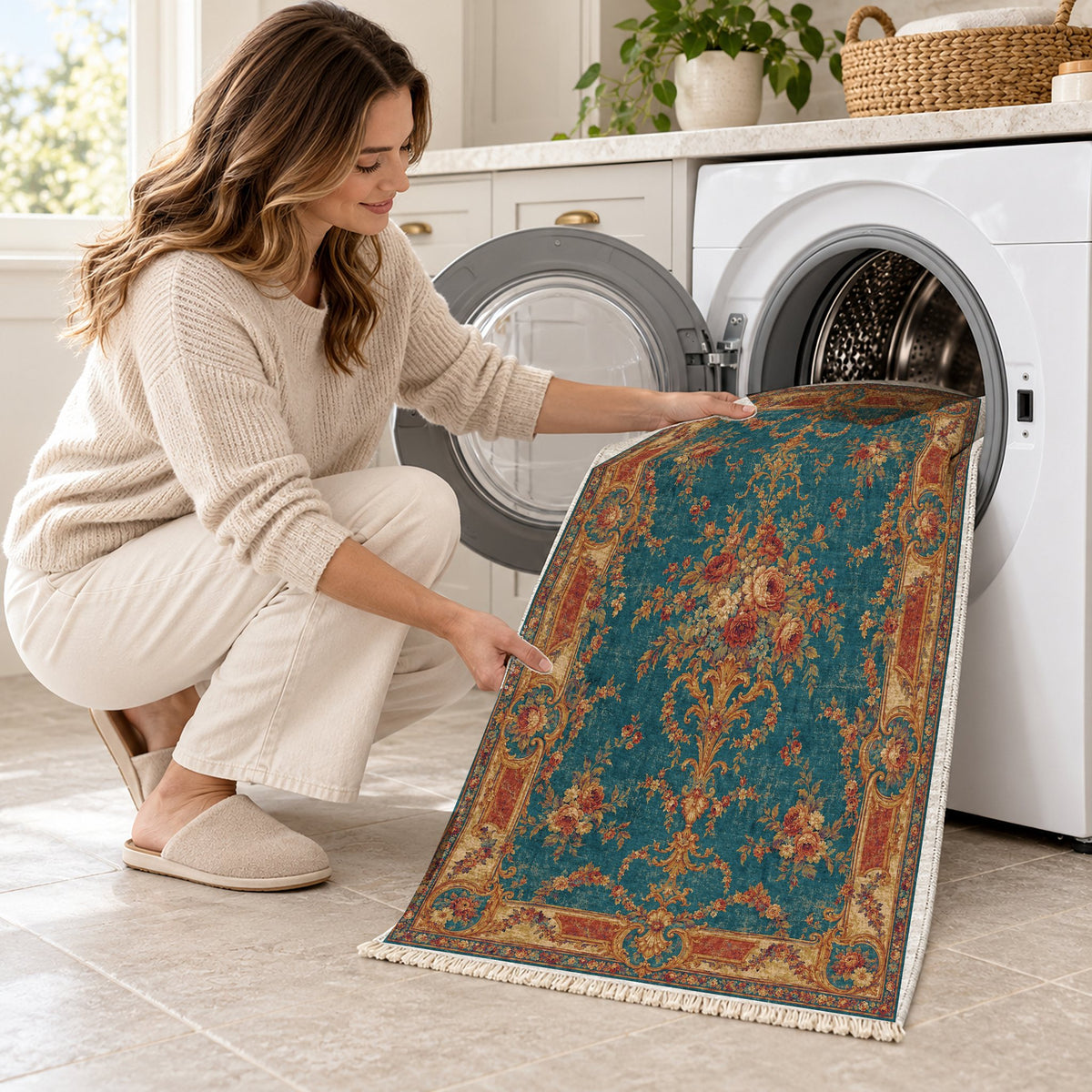 Trianon Roses Peacock & Ochre washable rug being loaded into a washing machine