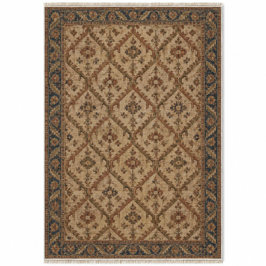 Tribal Lattice Brown & Beige Afghan Washable Rug