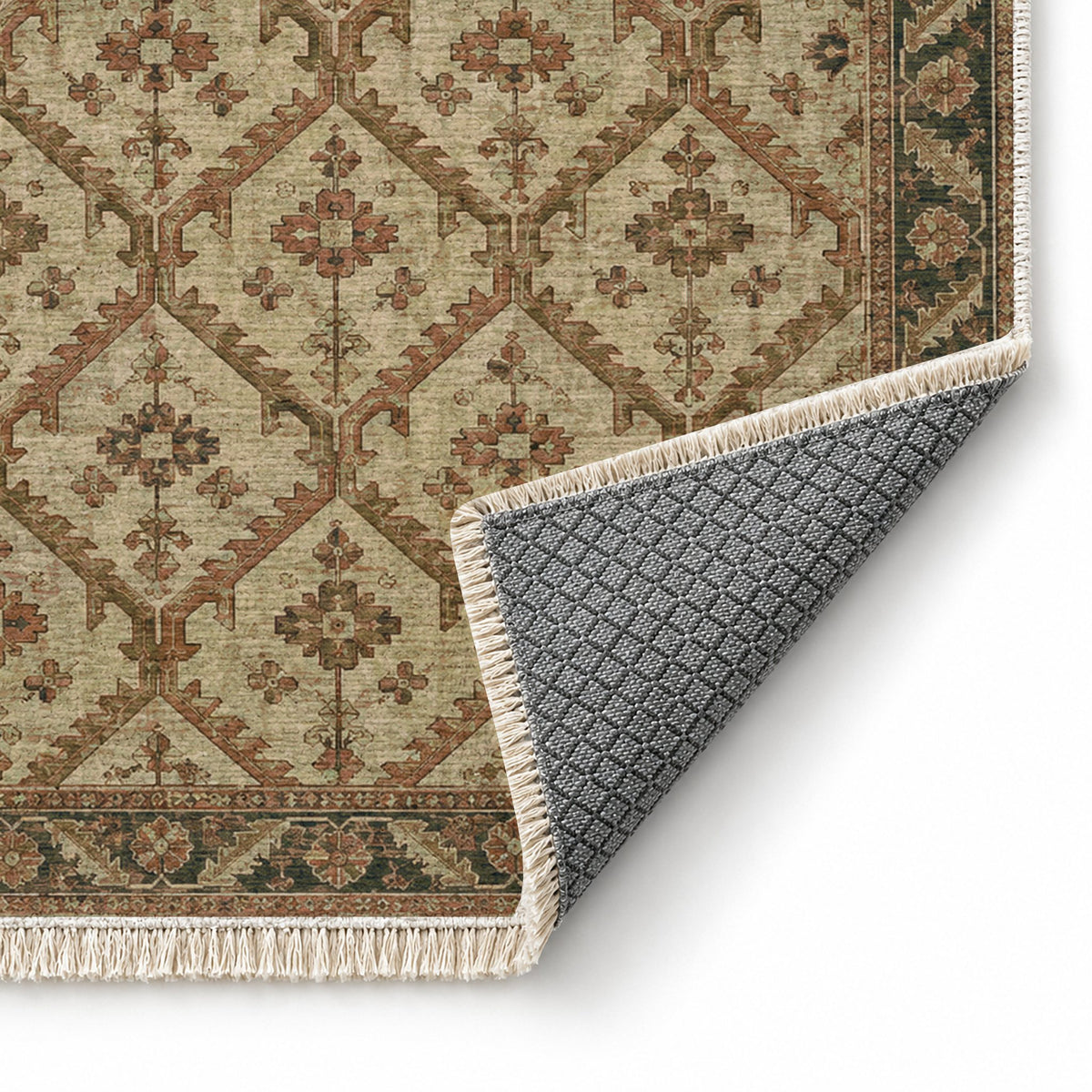 Tribal Lattice Clay & Sage washable rug folded corner showing the backing