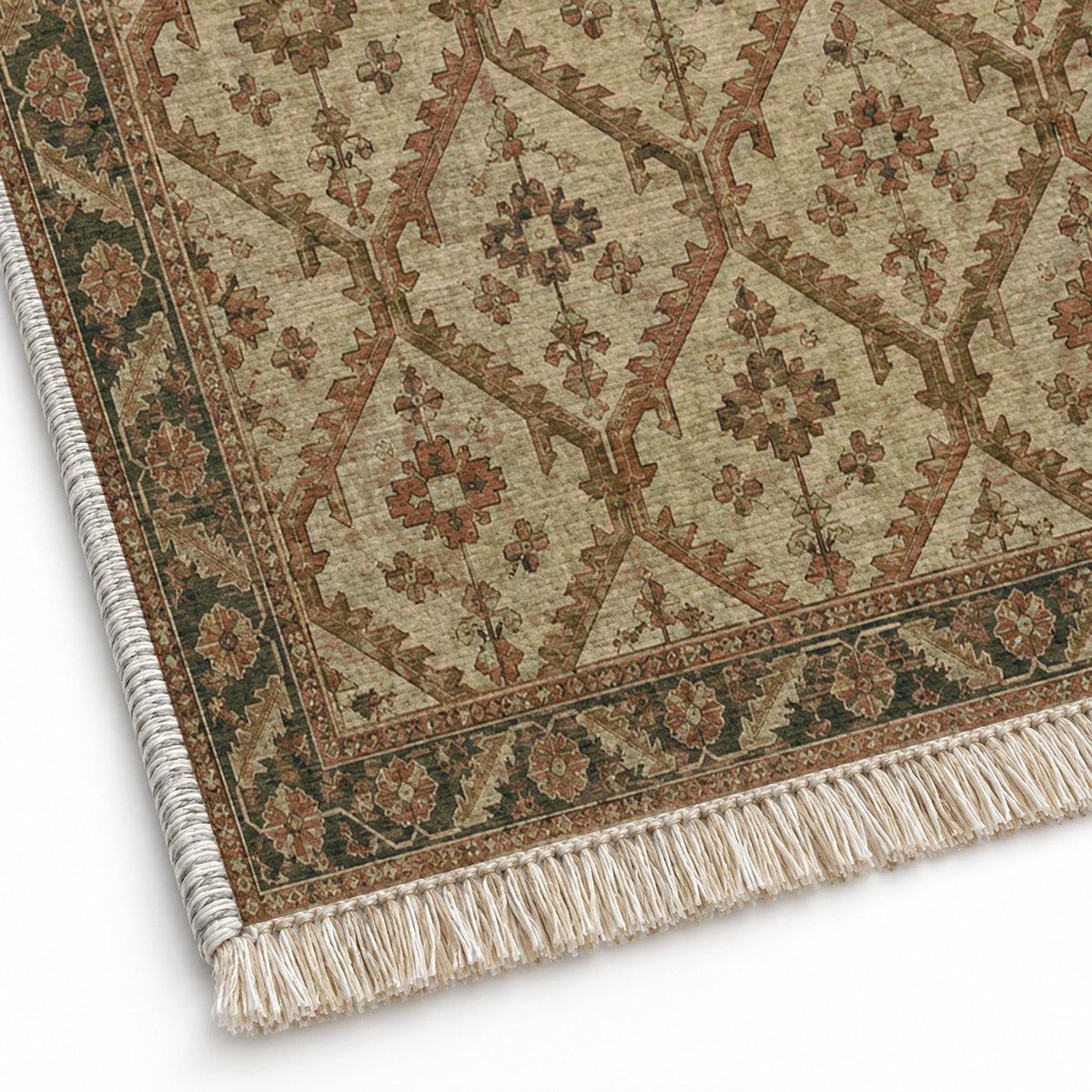 Tribal Lattice Clay & Sage washable rug close-up of the printed chenille