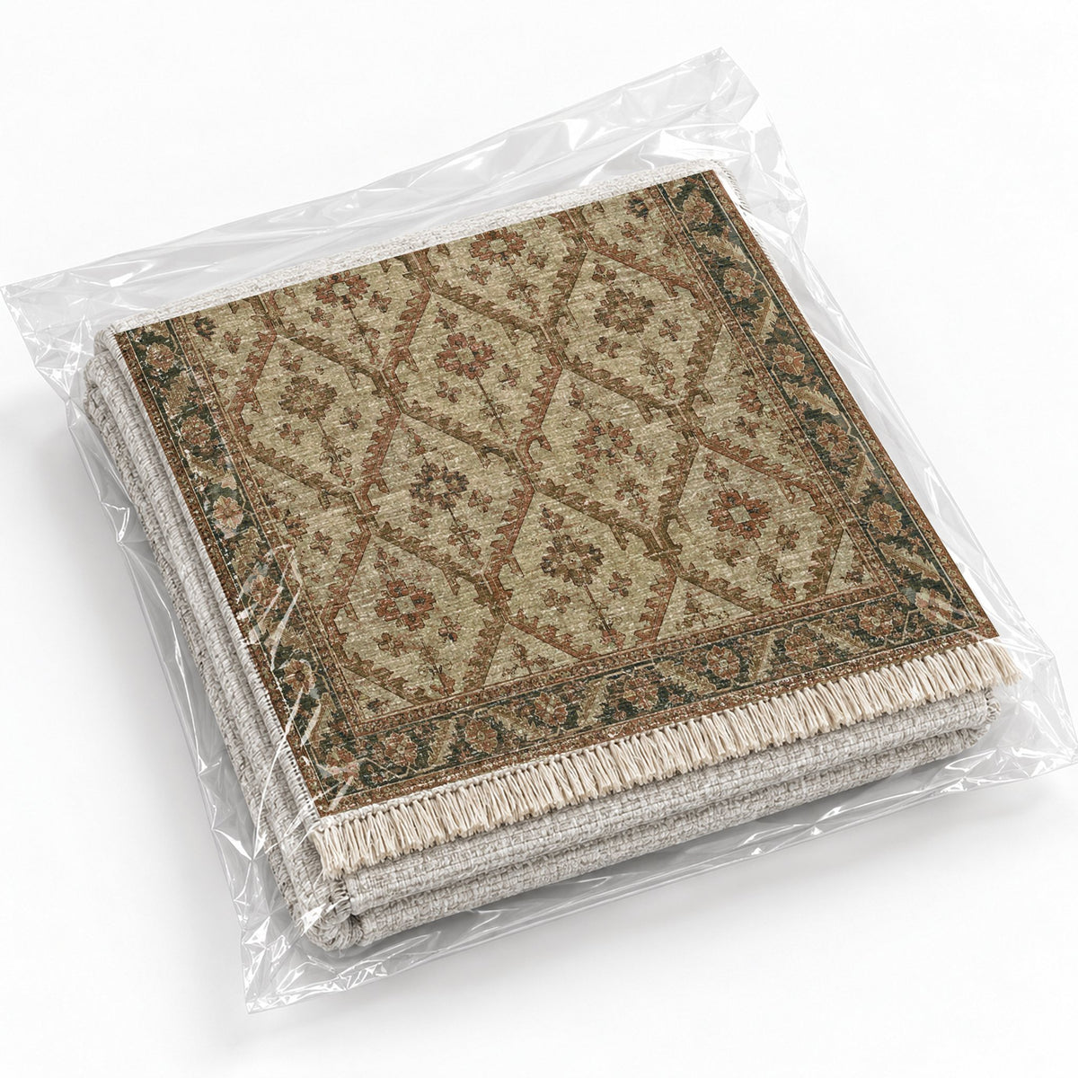 Tribal Lattice Clay & Sage washable rug rolled and packaged