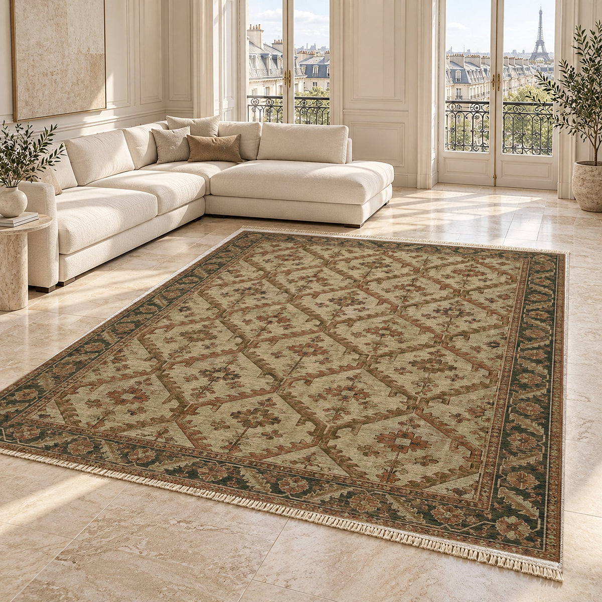 Tribal Lattice Clay & Sage washable rug angled room view on marble