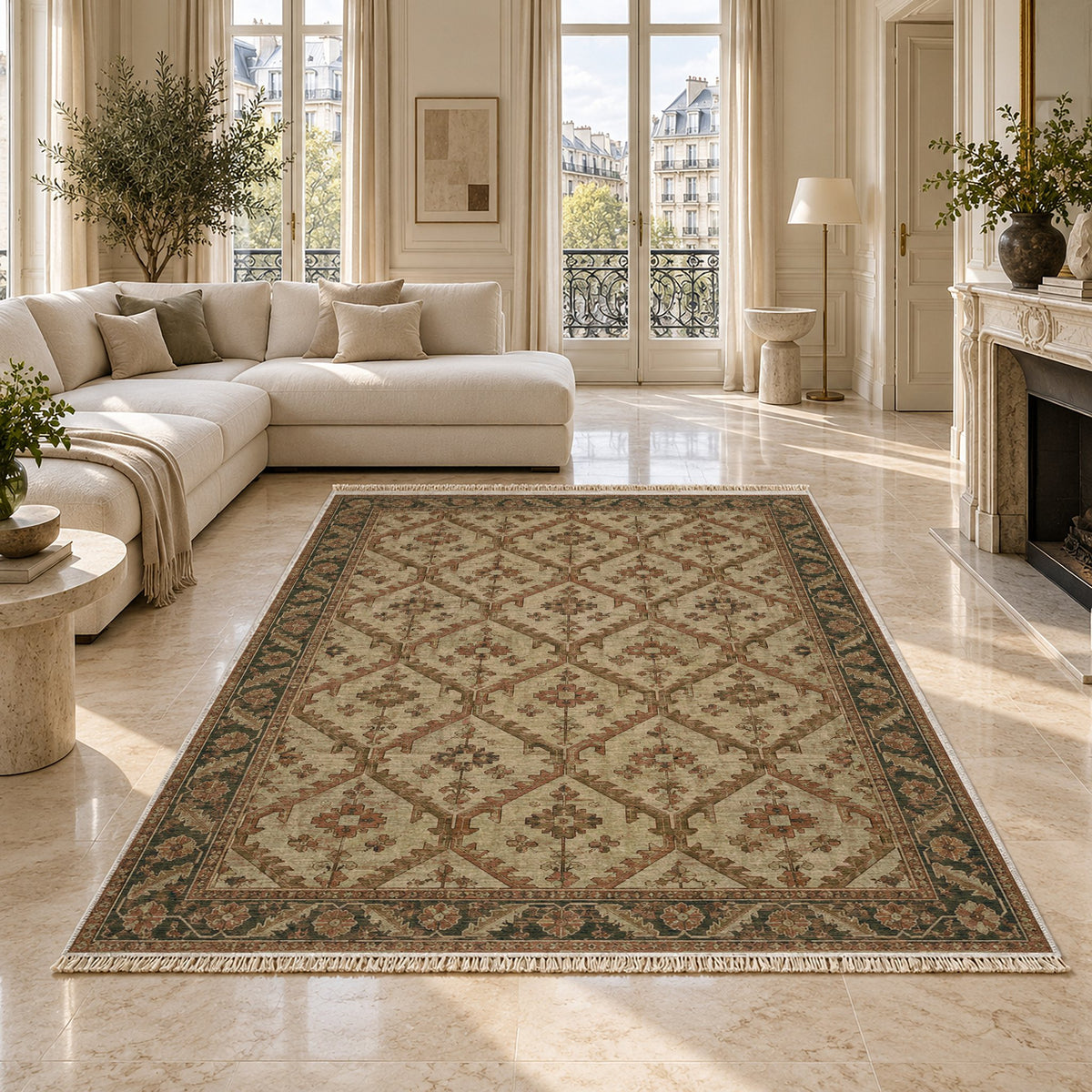 Tribal Lattice Clay & Sage washable rug on a marble floor
