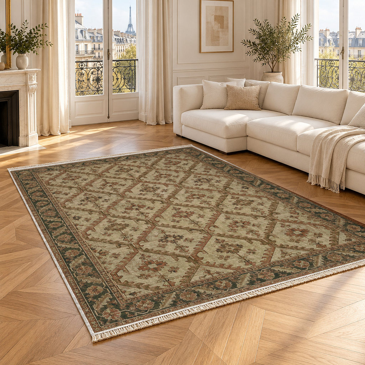 Tribal Lattice Clay & Sage washable rug angled room view
