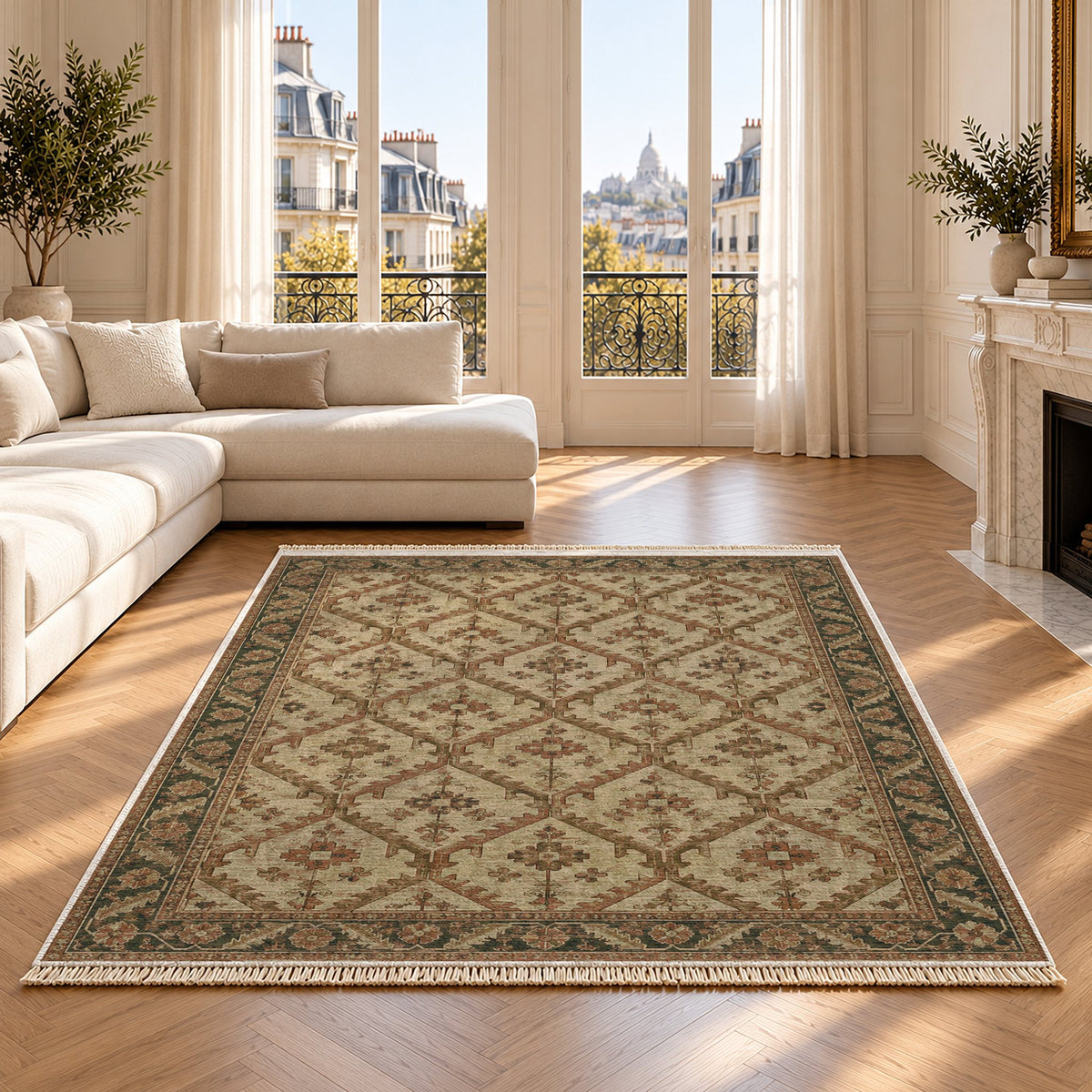 Tribal Lattice Clay & Sage washable rug on an oak floor
