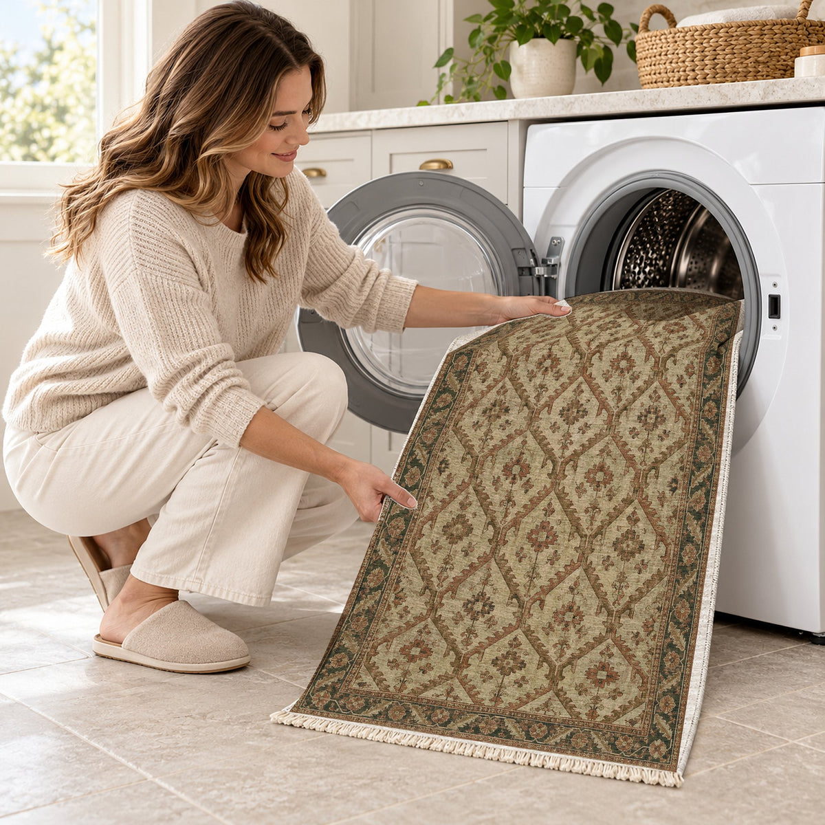 Tribal Lattice Clay & Sage washable rug being loaded into a washing machine