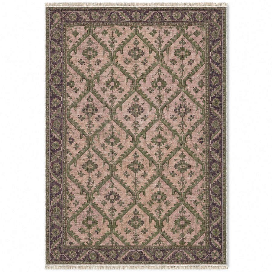 Tribal Lattice Rose & Olive Afghan Washable Rug