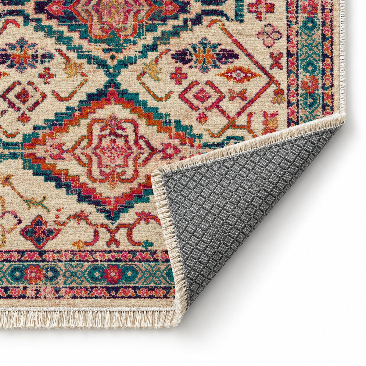 Tribal Medallion 7661 Aubergine washable rug folded corner showing the backing