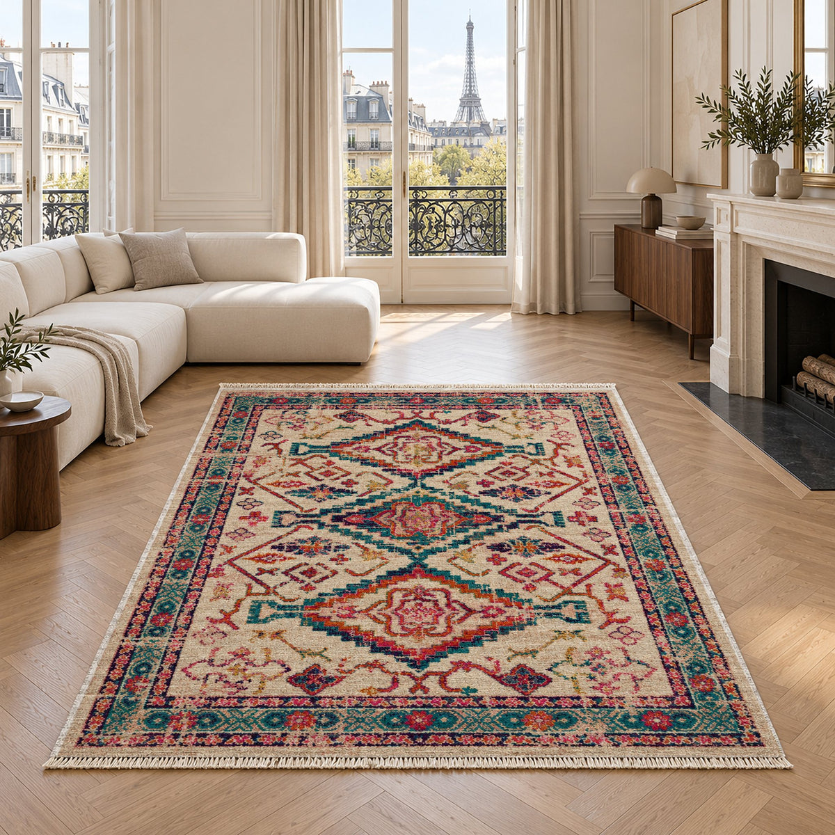 Tribal Medallion 7661 Aubergine washable rug in a living room with an Eiffel Tower view