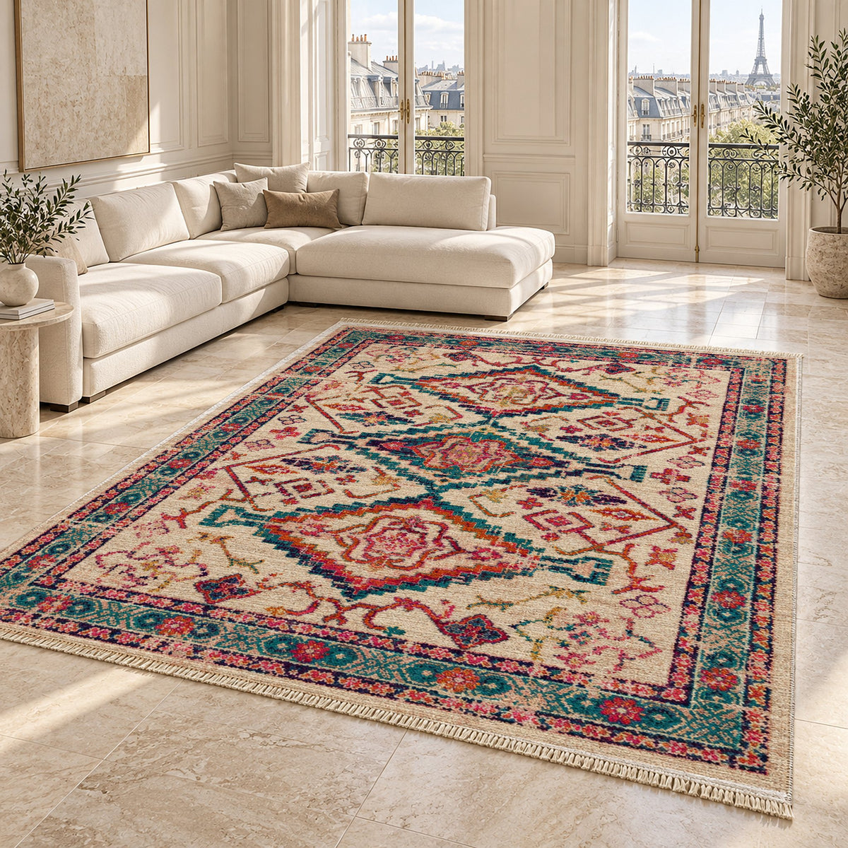 Tribal Medallion 7661 Aubergine washable rug angled room view on marble