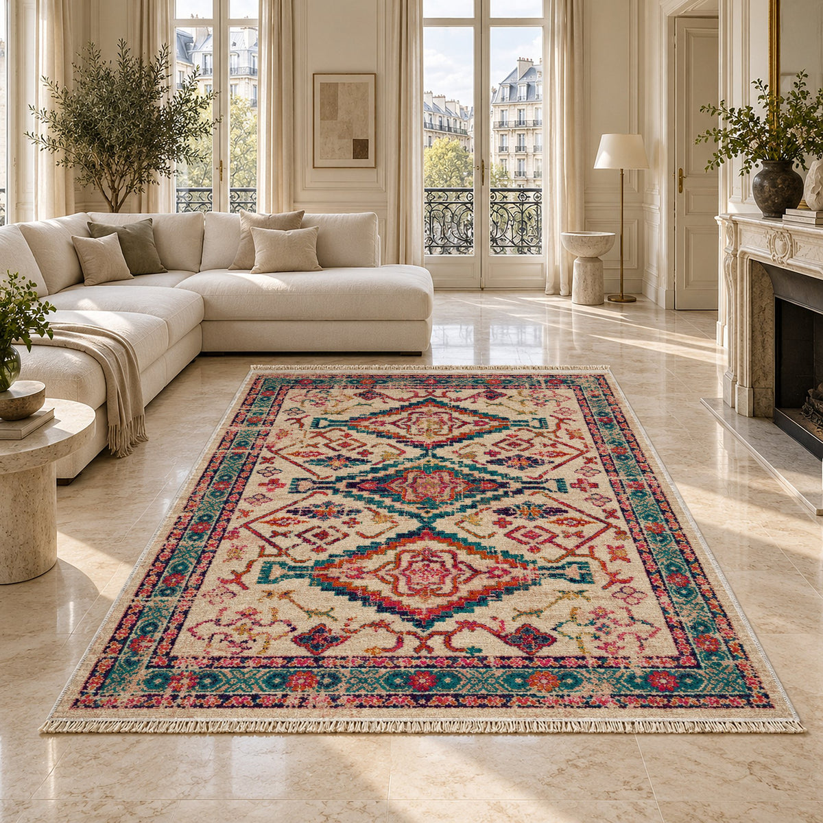 Tribal Medallion 7661 Aubergine washable rug on a marble floor