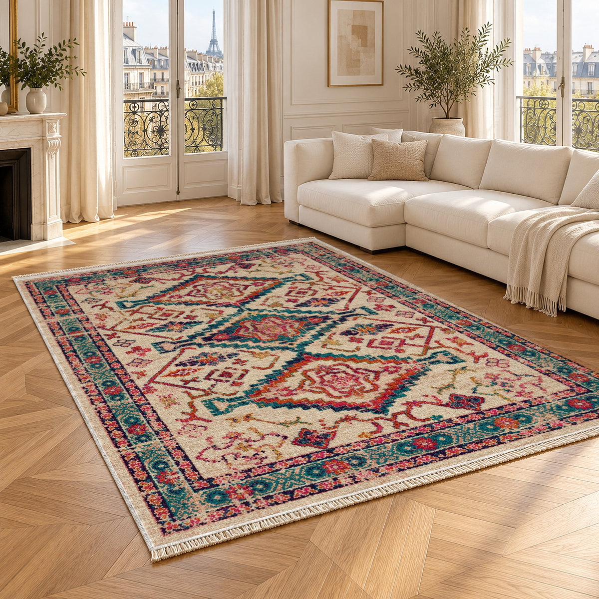 Tribal Medallion 7661 Aubergine washable rug angled room view