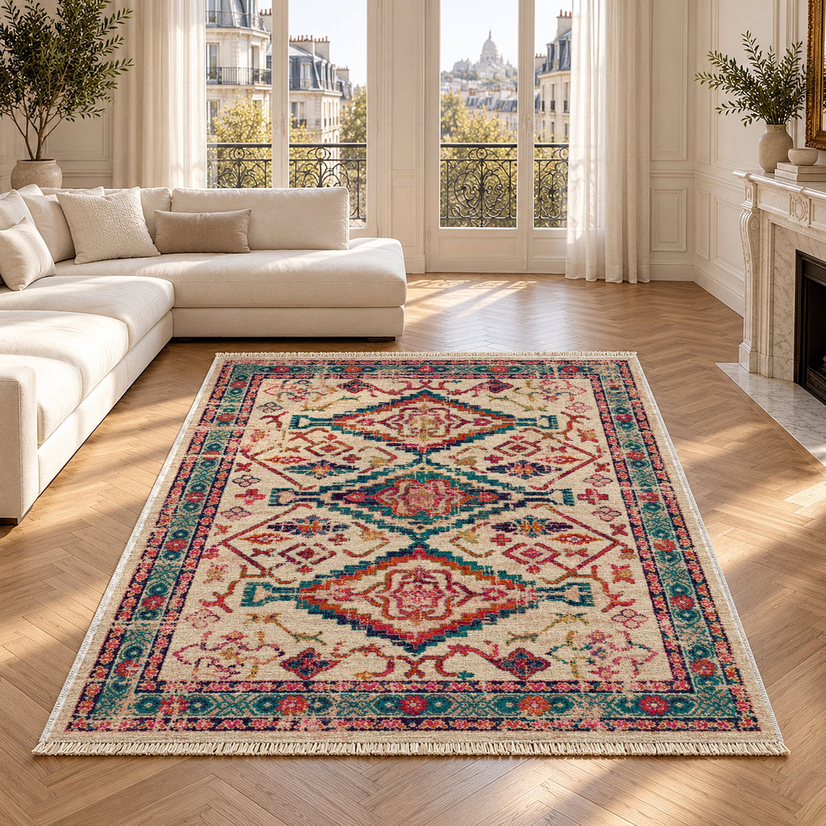Tribal Medallion 7661 Aubergine washable rug in a Paris living room