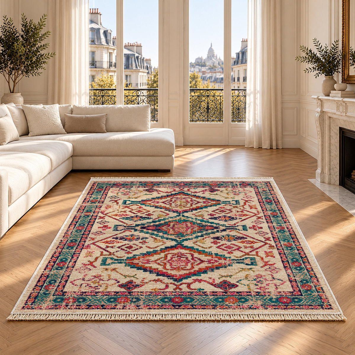 Tribal Medallion 7661 Aubergine washable rug on an oak floor