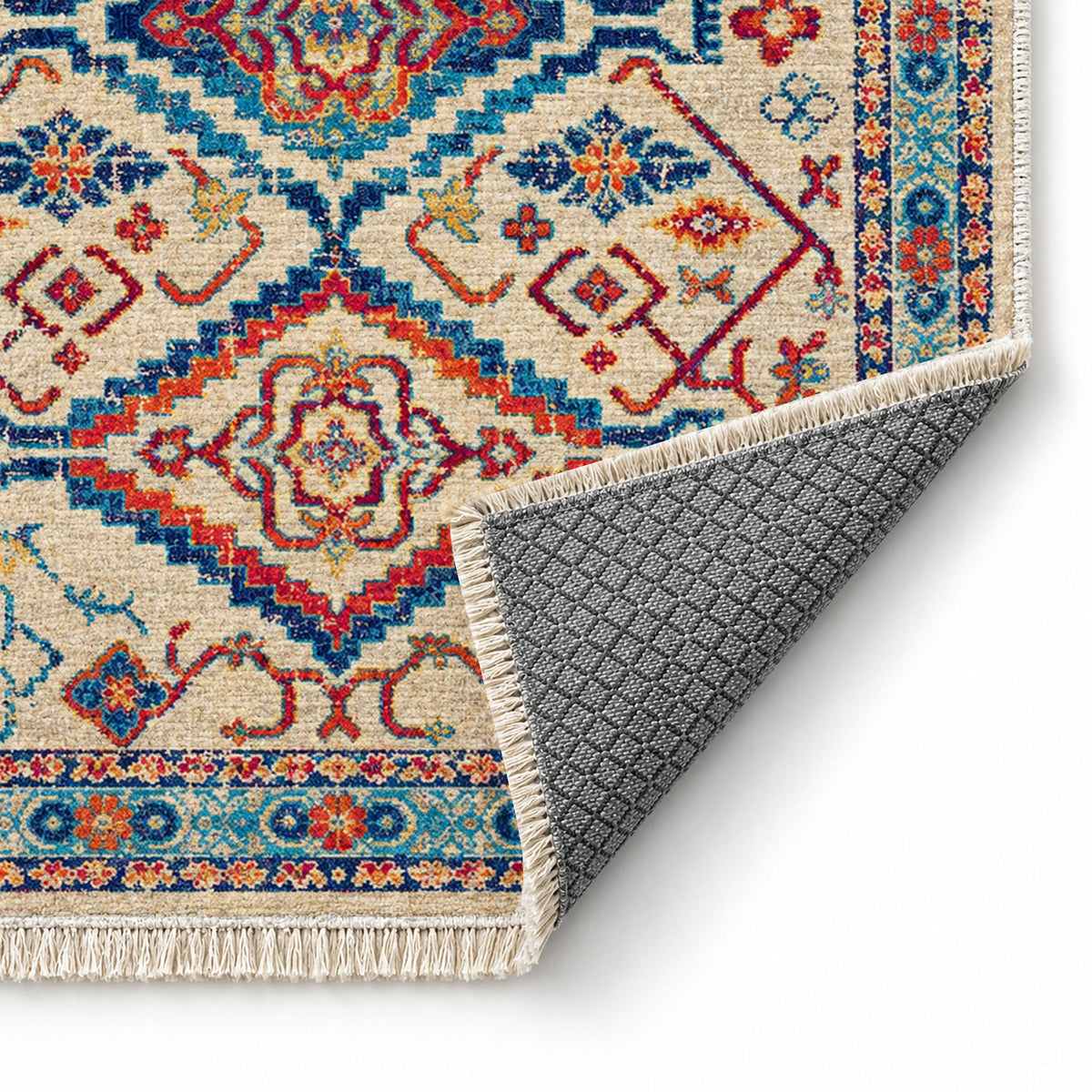Tribal Medallion 7661 Sapphire washable rug folded corner showing the backing