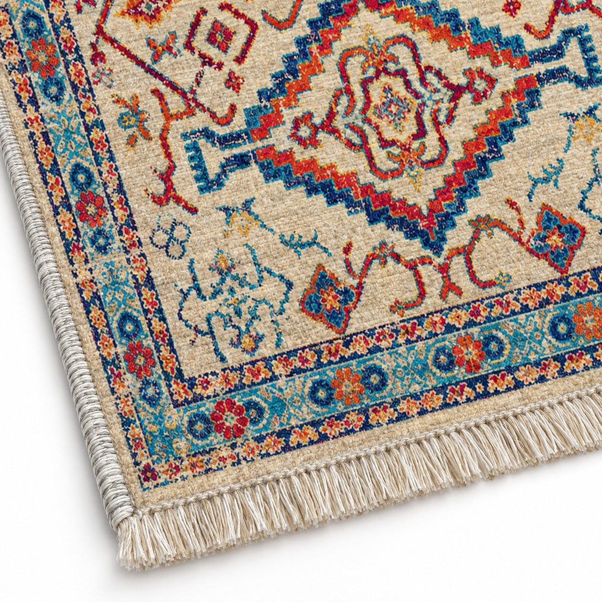 Tribal Medallion 7661 Sapphire washable rug close-up of the printed chenille