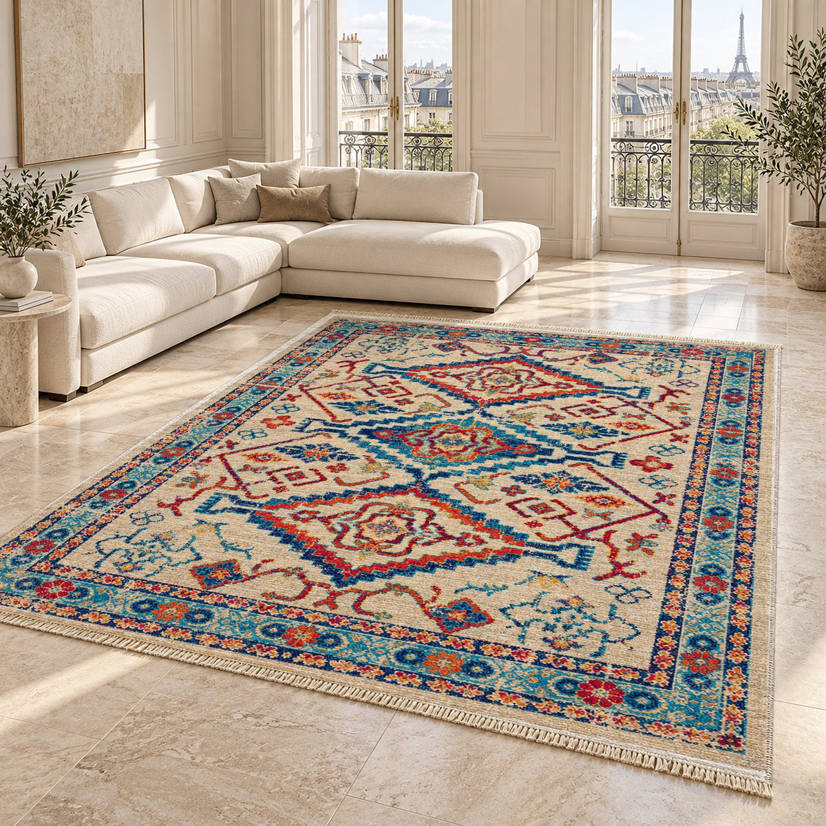 Tribal Medallion 7661 Sapphire washable rug angled room view on marble