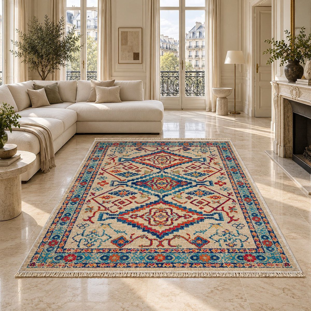 Tribal Medallion 7661 Sapphire washable rug on a marble floor