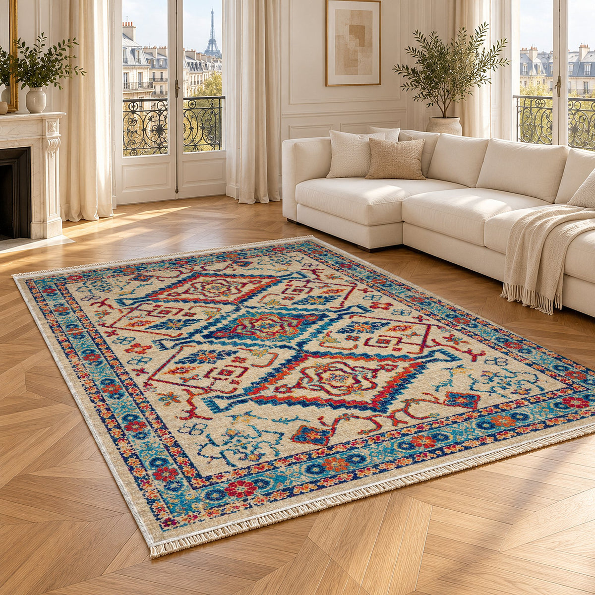 Tribal Medallion 7661 Sapphire washable rug angled room view