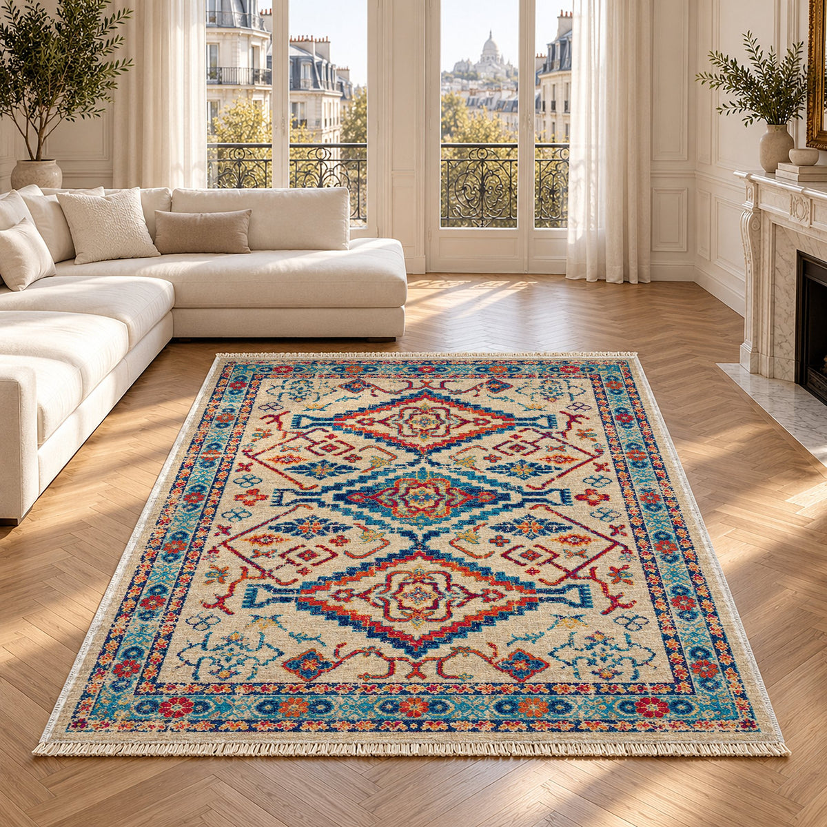 Tribal Medallion 7661 Sapphire washable rug in a Paris living room