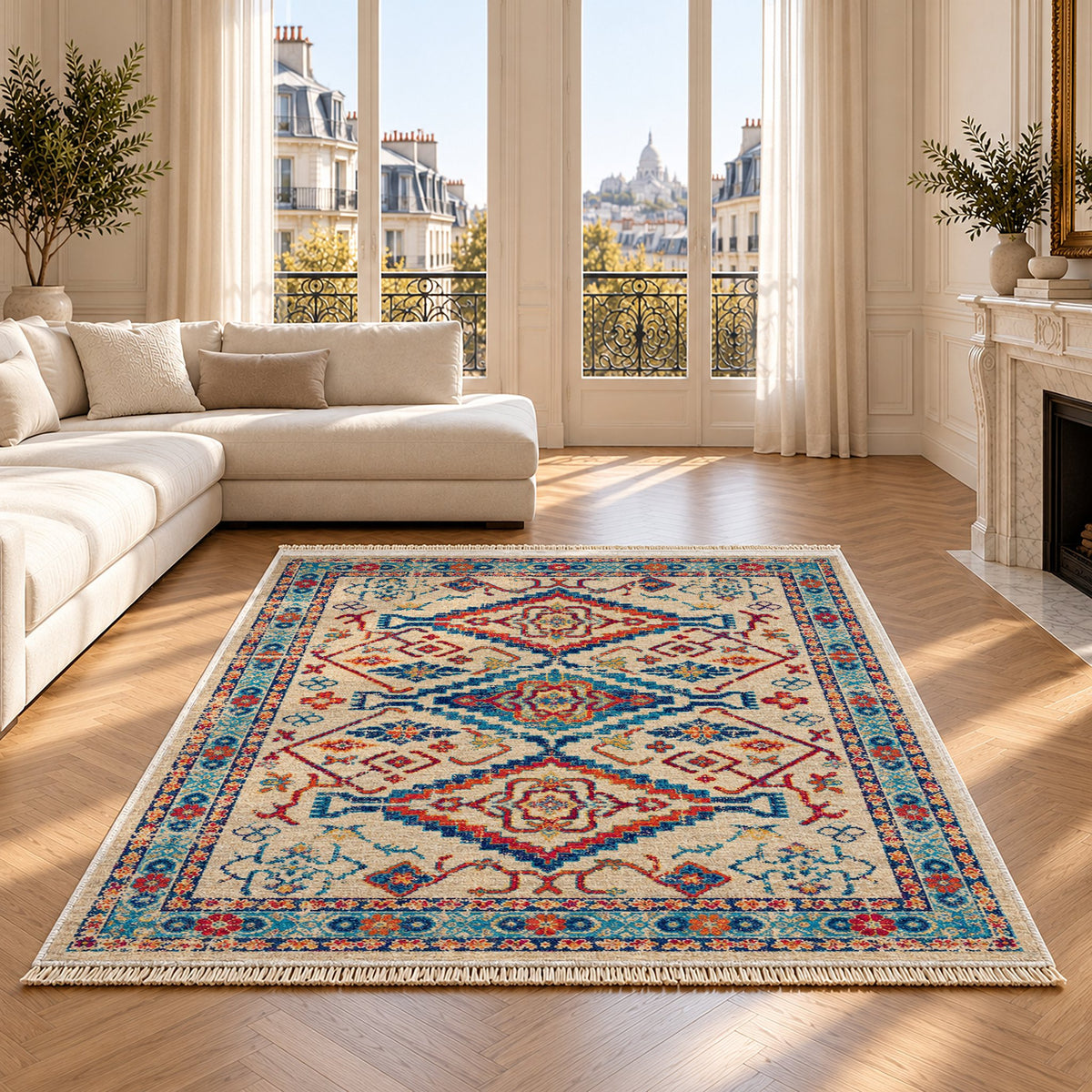 Tribal Medallion 7661 Sapphire washable rug on an oak floor