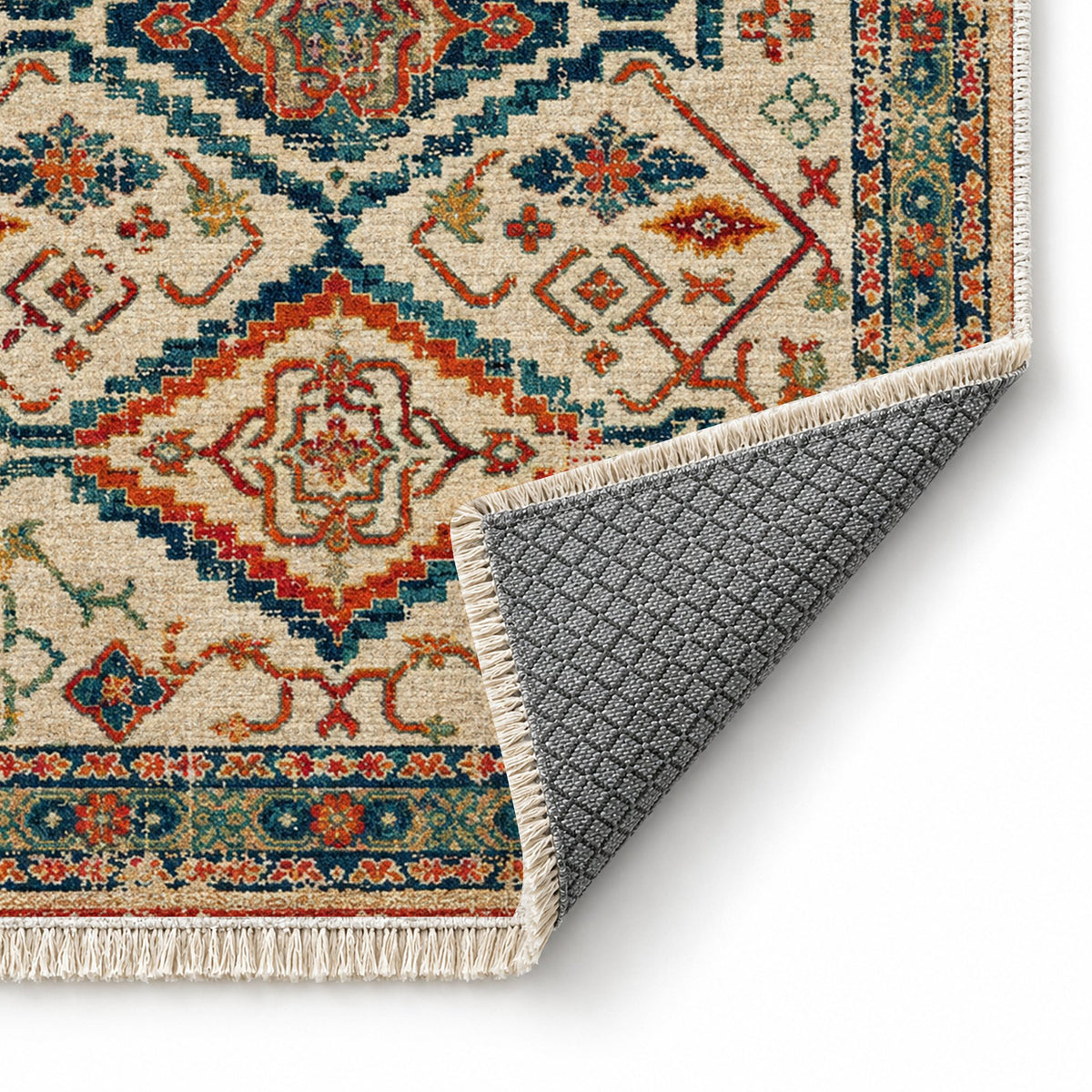 Tribal Medallion 7661 Terracotta washable rug folded corner showing the backing