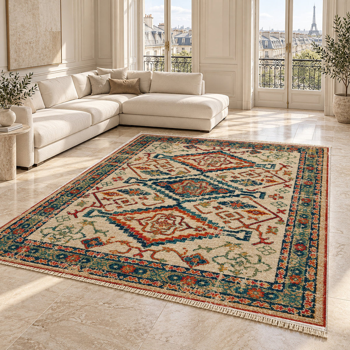 Tribal Medallion 7661 Terracotta washable rug angled room view on marble