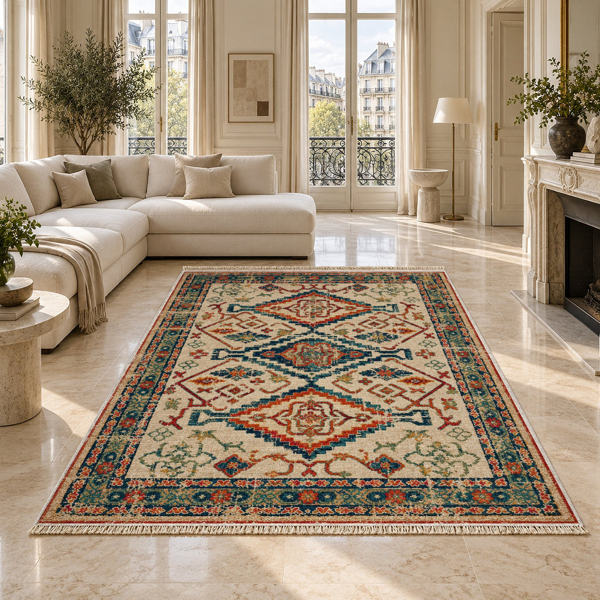 Tribal Medallion 7661 Terracotta washable rug on a marble floor