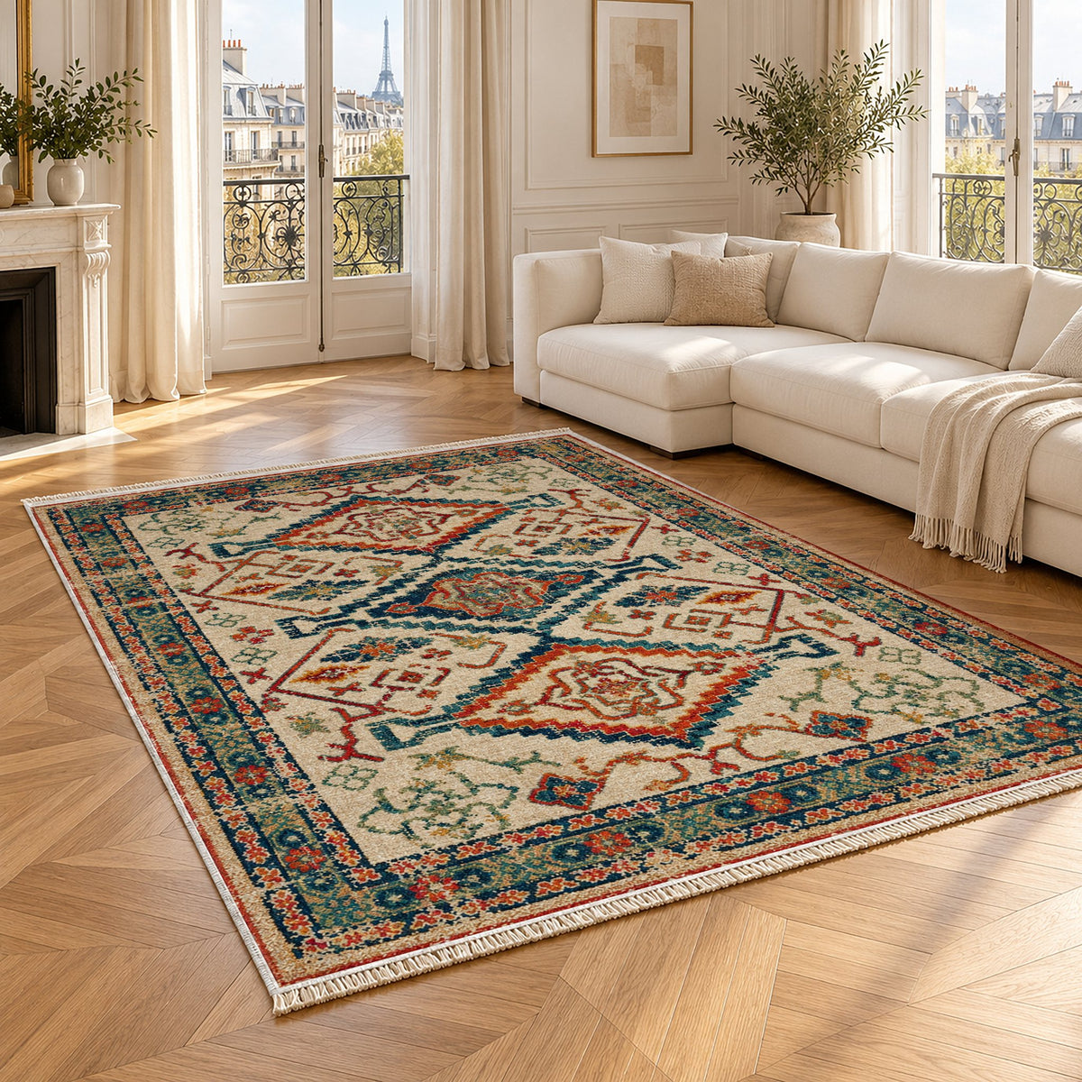 Tribal Medallion 7661 Terracotta washable rug angled room view